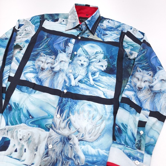 52 Greek Street Shirt‎ Mens M Blue Wolf Owl Animal Soho London - Picture 2 of 6